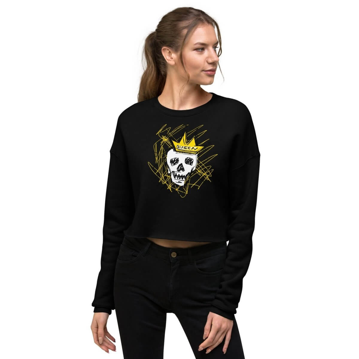 Customizable Queen Skull women's crop sweatshirt in black with hand-drawn art and crown, perfect for personalized style.